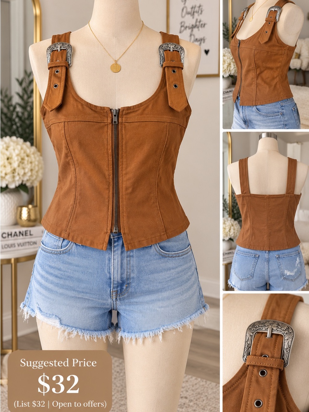 & Other Stories Tan Faux-Suede Buckle Zip Cami